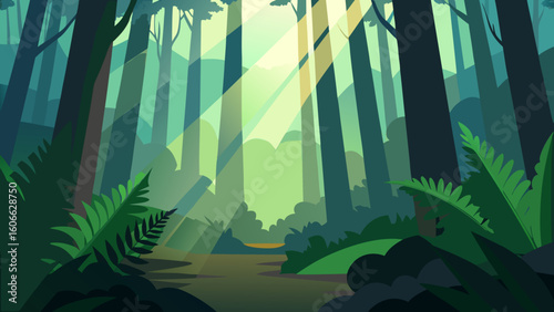 Discover a sunlit glade in a temperate rainforest with giant ferns