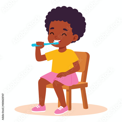 A young girl happily brushing her teeth while seated on a chair.