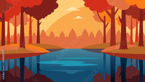 Admire a tranquil autumn colored forest reflected in the still water