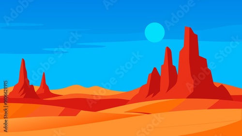 Explore a sweeping desert landscape under the intense midday sun