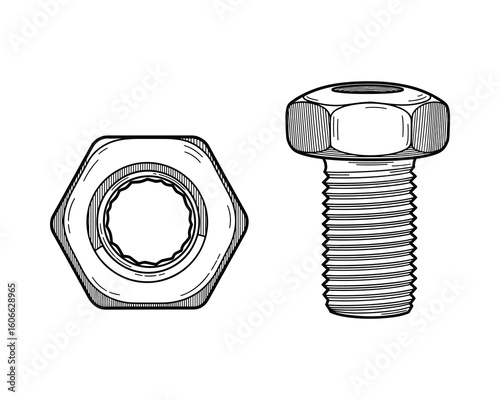 Detailed Illustration of Hex Nut and Bolt, Black and White Technical Drawing, Engineering Diagram Vector Illustration