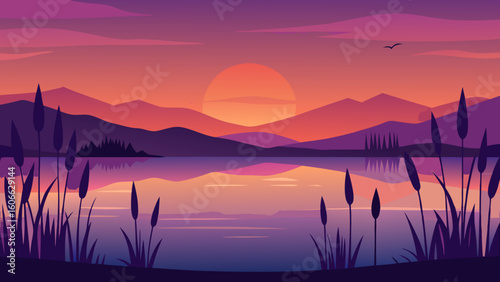 Observe a tranquil reed fringed lake at dusk its water reflecting