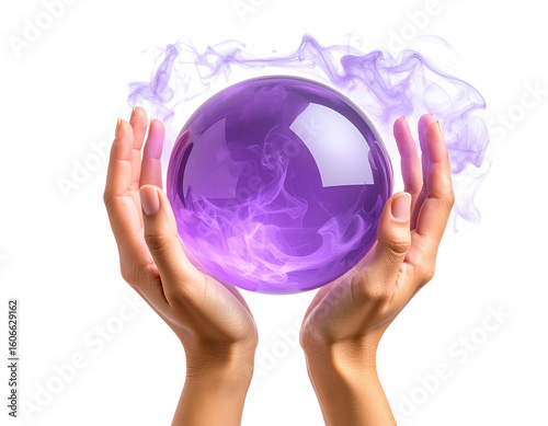  Purple Crystal Ball in Witch’s Hands with Smoke Effect, Side View, Isolated PNG