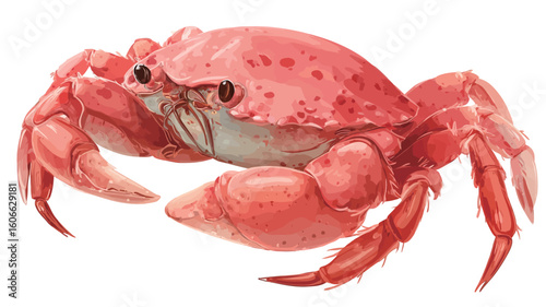 A detailed digital painting or watercolor-style illustration of a pink crab. The crab is depicted in a three-quarter view, showcasing its claws and legs. The illustration is highly detailed,