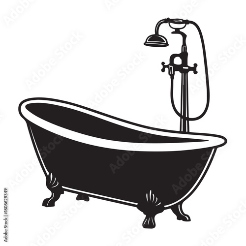Classic Clawfoot silhouette Bathtub with Vintage Shower Fixture Black and White Illustration for Bathroom Decor and Plumbing Design Concepts.