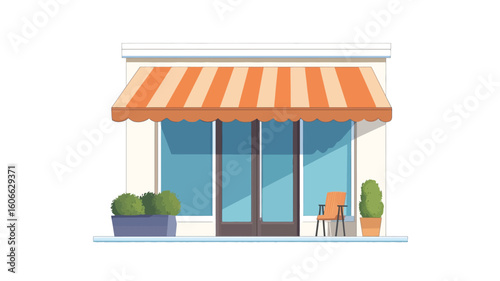 A digital illustration depicting the exterior of a small business storefront. The building is primarily white with a large, orange and white striped awning extending over the entrance.  