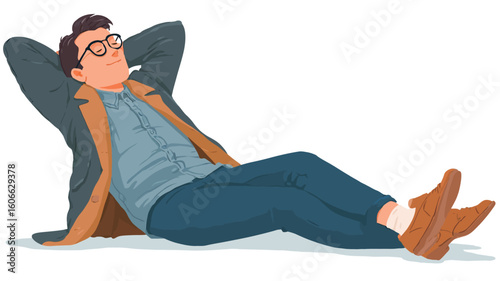 The image is a stylized illustration of a man lying on his back on the floor. He is wearing glasses, a light blue shirt, dark blue jeans, brown shoes, and an open tan overcoat. His hands are behind