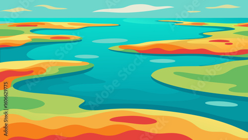 Discover a vast shallow lagoon teeming with colorful vibrant algae