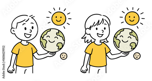 Boy And Girl Holding Smiling Globe with Sun and Moon. Sustainability Themes, Educational And Environmental Illustration, Earth Day, Nature, and Learning Concept Vector Illustration