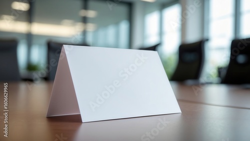Blank name card tent on a polished wooden conference table in an office setting with blurred background