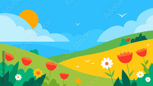 Wander through a vibrant sun drenched field of wildflowers on a hillside