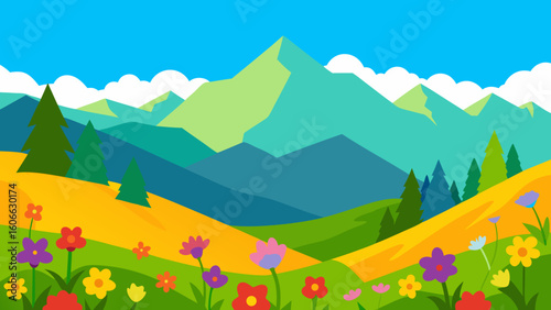 Wander through a vibrant sunlit field of wildflowers carpeting a hillside