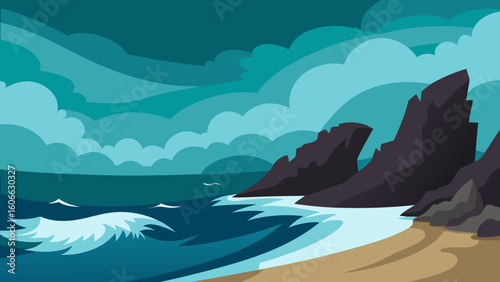 Witness the dramatic crashing surf on a stormy rock strewn beach