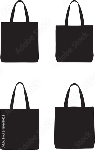 Four black tote bags in a row silhouette