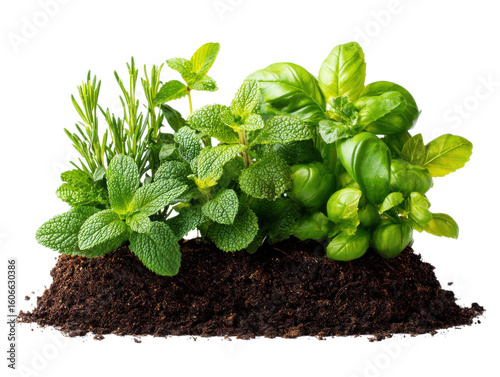 Growing fresh herbs for cooking home garden plant close-up soil. Isolated on transparent background, png.