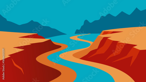 Observe the dramatic deeply incised meanders of a river in a winding canyon