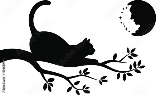 Black cat stretching on branch under moon feline tree