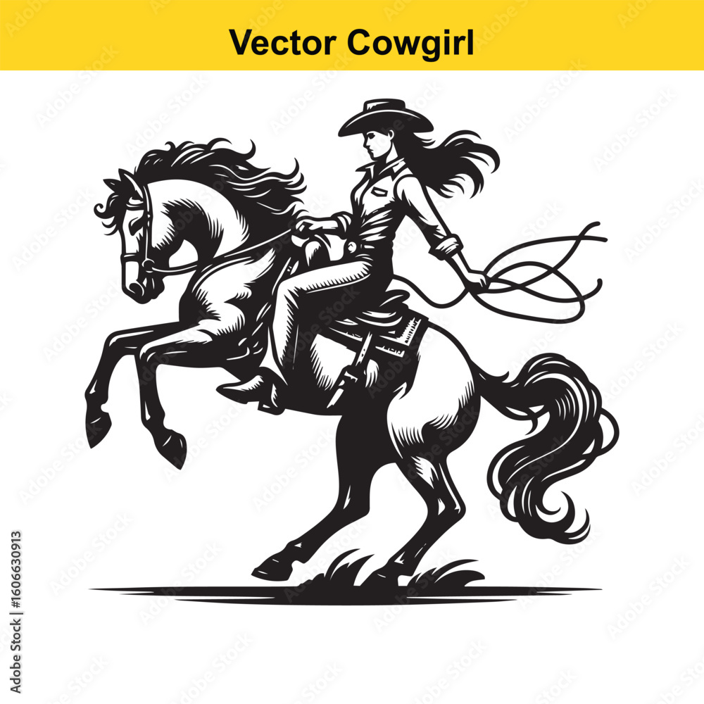 Obraz premium Cowgirl & Racing Horse – Vector Line Art.