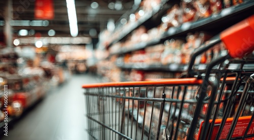 A slightly blurry image of a shopping cart in a supermarket aisle, with stocked shelves visible in the background. The focus is primarily on the cart