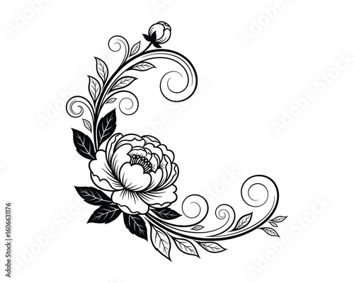 Elegant Floral Corner Ornament with Blooming Peony and Decorative Swirls, Isolated on White Background, Vector Illustration