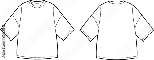 Oversized unisex t-shirt flat sketch, front and back views, wide short sleeves, relaxed fit, comfortable apparel, customizable template, fashion design, basic streetwear, modern silhouette.