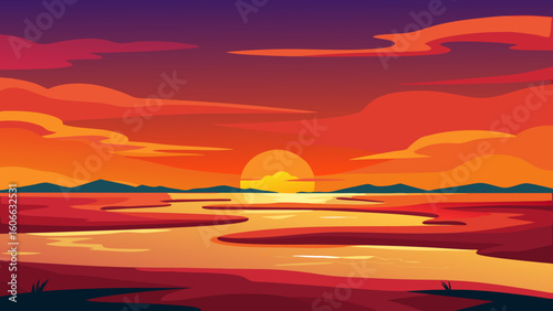 Witness a Dramatic Sun Setting Scene Over a Vast Waterlogged Plain
