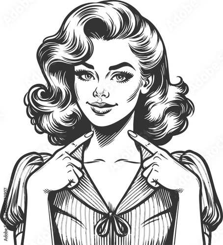 confident woman smiling and pointing at herself, expressing pride and self-assurance sketch engraving generative ai fictional character vector illustration. Scratch board. Black and white image.