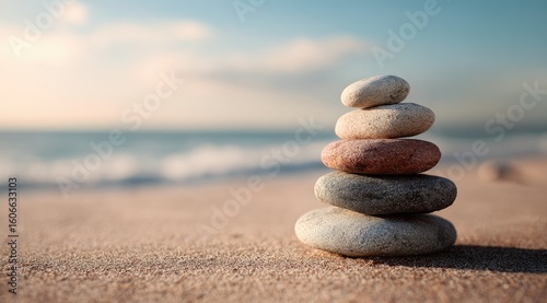 Serene stack of smooth stones on a sandy beach near a calm ocean under a soft, sunset sky