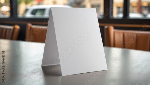 A blank tabletop tent card on a restaurant table with a contemporary urban background