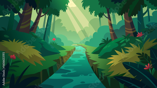 Journey Through a Lush Dense Jungle Scene with a Narrow Winding Path
