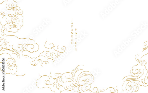 Set of hand drawn cloud with Japanese pattern vector. Oriental decoration with logo design, flyer or presentation in vintage style. Fuji mountain, bamboo, bonsai tree element with geometric shape.