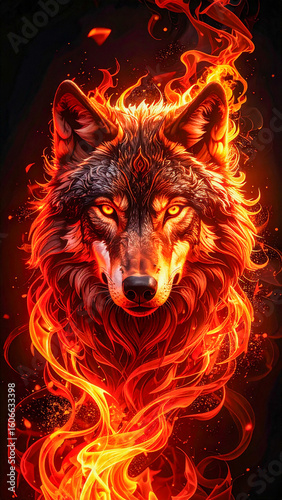 Fierce wolf emerges from vibrant flames with intense glowing eyes