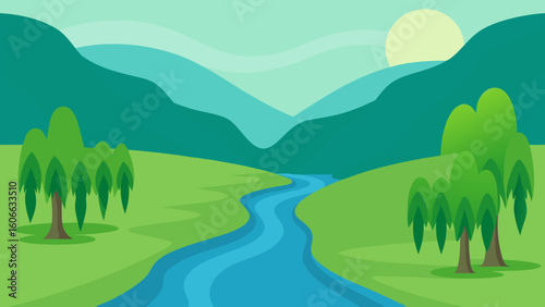 Observe a Peaceful River Flowing Gently Through a Wide Green Valley