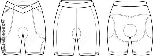 Cycling shorts flat sketch, front, side, and back views, padded bike shorts, sportswear design, active lifestyle, exercise apparel, fitness clothing, comfortable cycling gear, customizable template.