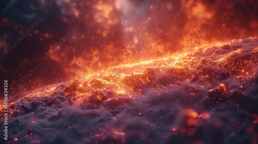 Naklejka premium Fiery landscape with glowing orange light, cloud-like textures, and blurred foreground details