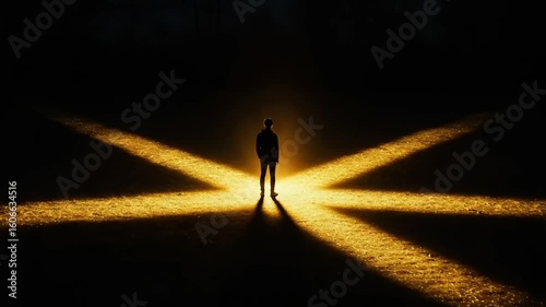 Silhouette of a Person in a Golden Spotlight at Night