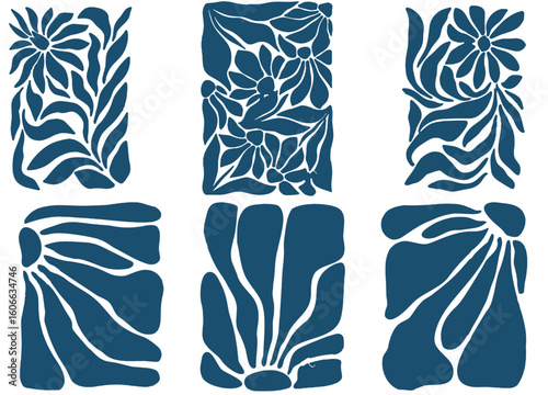 Set of abstract trendy groovy botanical illustration with nostalgic 70s vibe. Modern style flowers and wavy shapes good for a poster, cover or social media 