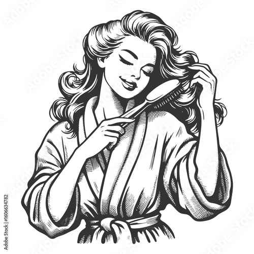 smiling woman in a robe brushing her hair, evoking self-care and beauty routines sketch engraving generative ai fictional character vector illustration. Scratch board imitation. Black and white image.