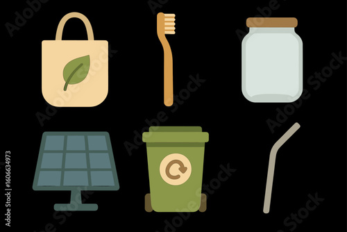 Eco-friendly items: reusable bag, bamboo toothbrush, glass jar, solar panel, recycling bin, metal straw