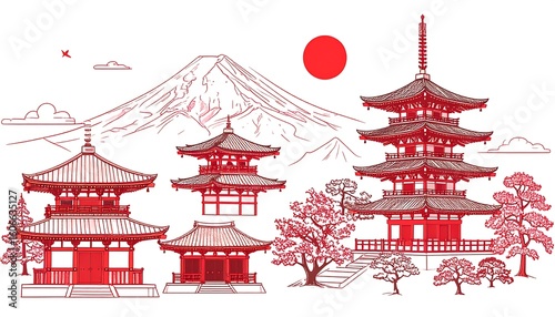 Japanese temple landscape illustration