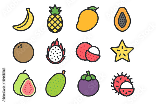 Illustrated tropical fruits collection: banana, pineapple, mango, papaya, and more