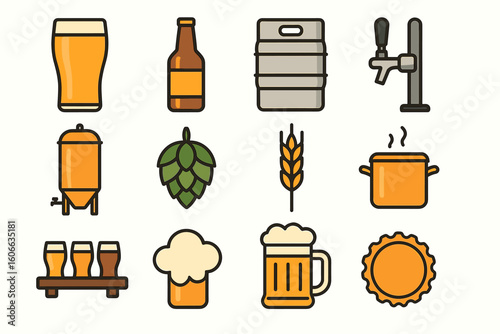 Craft beer icons set featuring glass, bottle, barrel, tap, hops, wheat, pint, and mug