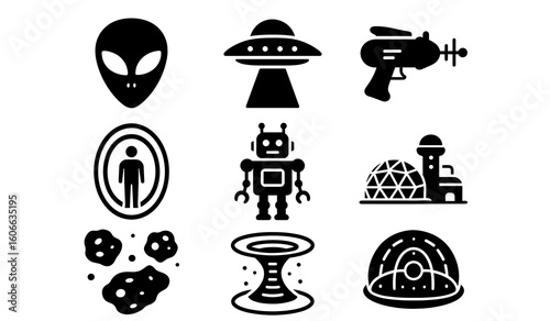 Alien and space exploration icons: ufos, robots, and futuristic technology symbols