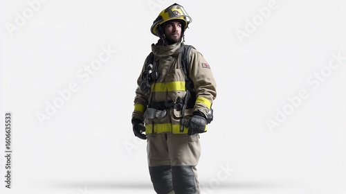 Brave firefighter standing tall in full protective gear against a white background