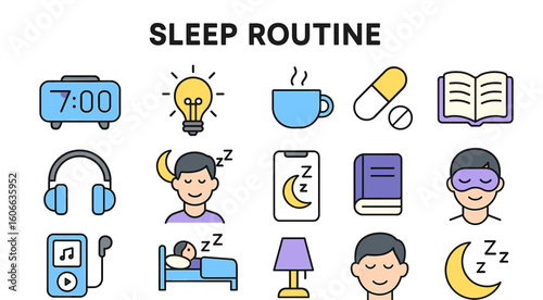 Sleep routine icons: alarm, bedtime, relaxation, sleep, night, rest, book, music, mask, moon