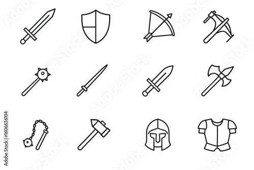 Medieval weapons and armor icons set featuring swords, shields, and helmets
