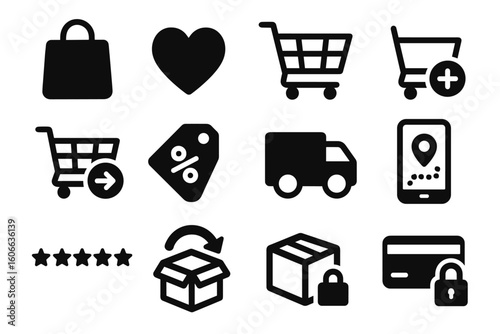 E-commerce icons: shopping cart, delivery, payment, rating, discount symbols