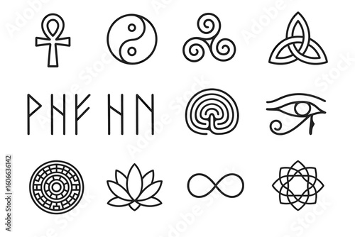 Set of spiritual and cultural symbols including ankh, yin yang, and eye of horus