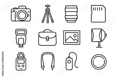 Photography equipment icons: camera, tripod, lens, memory card, flash, bag, lighting