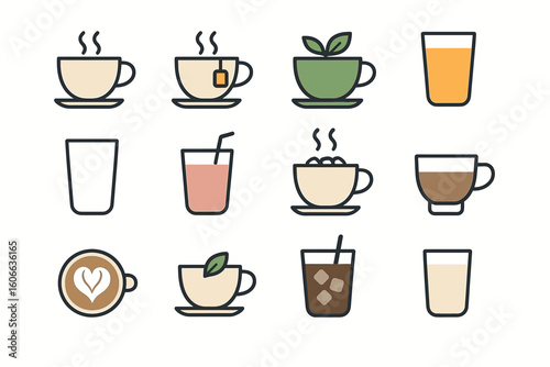Assorted hot and cold drink icons: coffee, tea, juice, smoothie